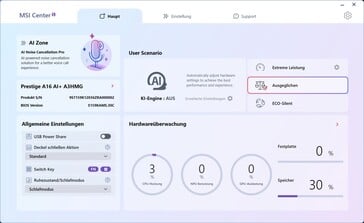 Tela inicial com modos de desempenho e algumas configurações