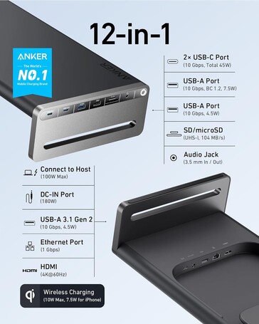 Estação de acoplamento USB-C Anker 675 (12 em 1, suporte para monitor, sem fio). (Fonte da imagem: Anker)