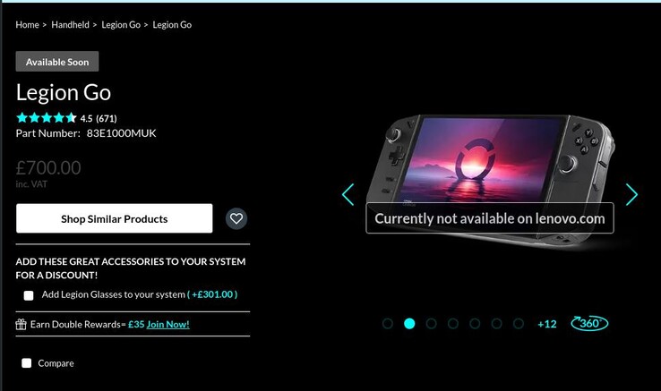 Os visitantes de vários sites da Lenovo na Europa são recebidos por esta mensagem "Atualmente não disponível em lenovo.com" ao visitar a página do produto Legion Go. (Fonte da imagem: Lenovo UK)