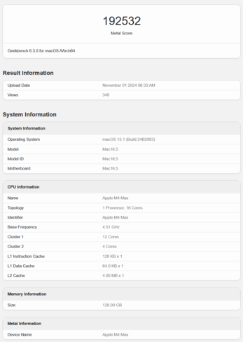 Apple Desempenho da gPU no Geekbench do M4 Max (fonte da imagem: Geekbench)