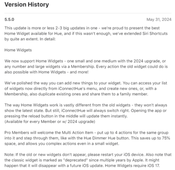 As notas de lançamento da versão 5.5.0 do aplicativo iConnectHue for Philips Hue. (Fonte da imagem: App Store)