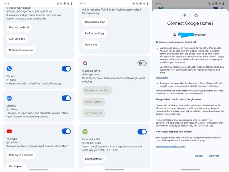 As capturas de tela que mostram os avisos de conexão do Gemini para o Google Home. (Fonte: Android Authority)