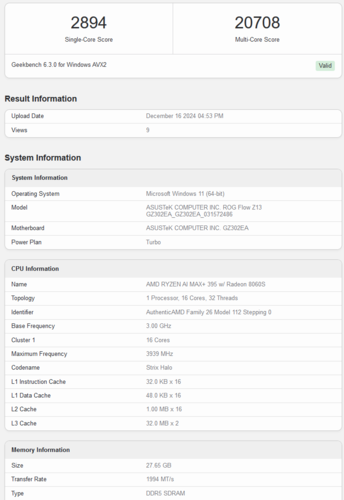 Desempenho da CPU AMD Ryzen AI Max Plus 395 (fonte da imagem: Geekbench)