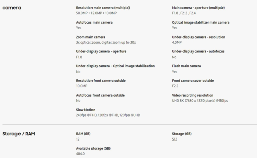 Galaxy Especificações de câmera e armazenamento do Z Fold 6 (imagem via Samsung)
