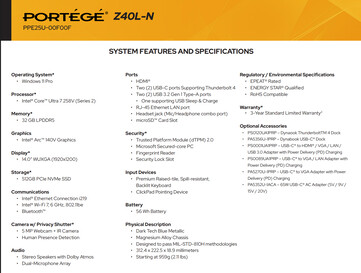 Especificações completas da variante Core Ultra 7 (Fonte da imagem: Dynabook)