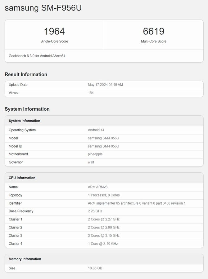 Um modelo americano do Samsung Galaxy Z Fold6 com Snapdragon 8 Gen 3 apareceu no Geekbench.