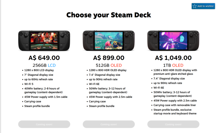 Preços do Steam Deck Austrália (fonte da imagem: Valve)