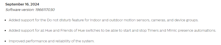 As notas de lançamento da versão de software 1966117030 para o Philips Hue Bridge. (Fonte da imagem: Philips)