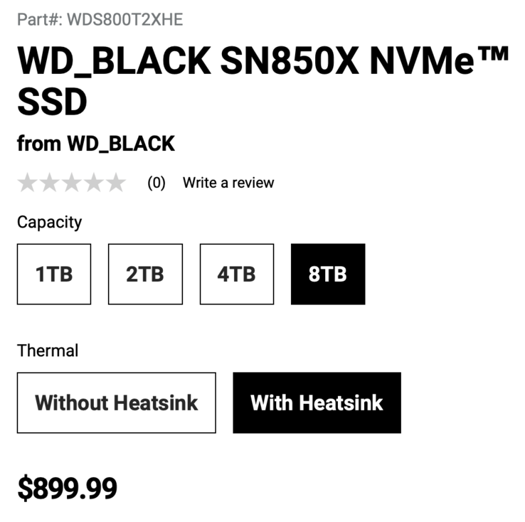 A variante SN850X 8TB com dissipador de calor custará US$ 899 (Fonte: WD)