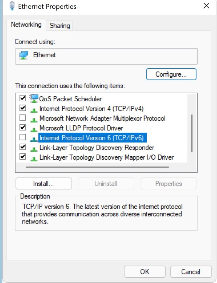 Os usuários do Windows que não instalarem os patches de segurança de agosto de 2024 devem desativar o IPv6 nos adaptadores de rede. (Fonte da imagem: Microsoft)