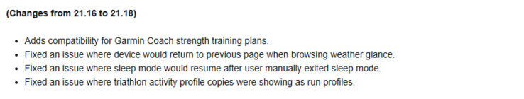 O registro de alterações da versão beta 21.18 para os relógios Forerunner 255 e Forerunner 955. (Fonte da imagem: Garmin)