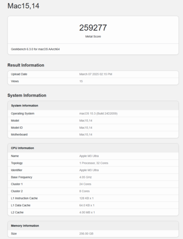 Apple M3 Ultra Geekbench GPU Metal score (imagem: pontuação Geekbench)