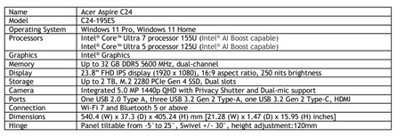 Especificações do PC Aspire C24 AIO (Fonte da imagem: Acer)