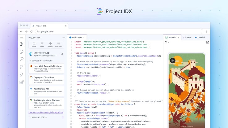 Uma olhada na interface do usuário do Project IDX (Imagem: Google).