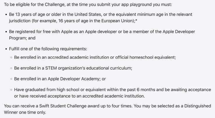 Os alunos que atenderem aos seguintes requisitos de qualificação podem se inscrever no Swift Student Challenge 2025. (Fonte da imagem: Apple)