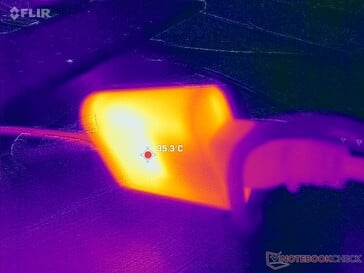 O adaptador CA atinge mais de 35 °C ao operar cargas exigentes