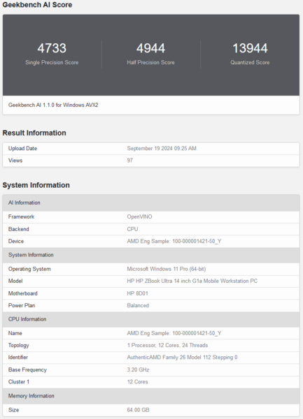 Pontuação do AMD Ryzen AI Max 390 no Geekbench AI (fonte da imagem: Geekbench)