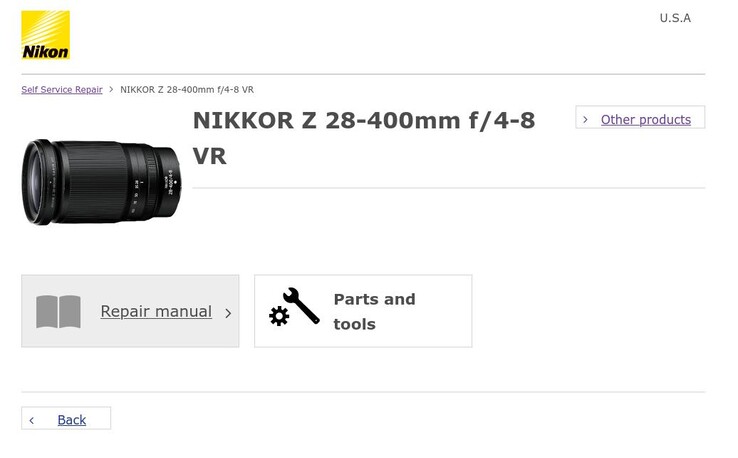 A seção de reparos de autoatendimento da Nikon ainda não tem peças de reposição para os três produtos listados no site. (Fonte da imagem: Nikon)
