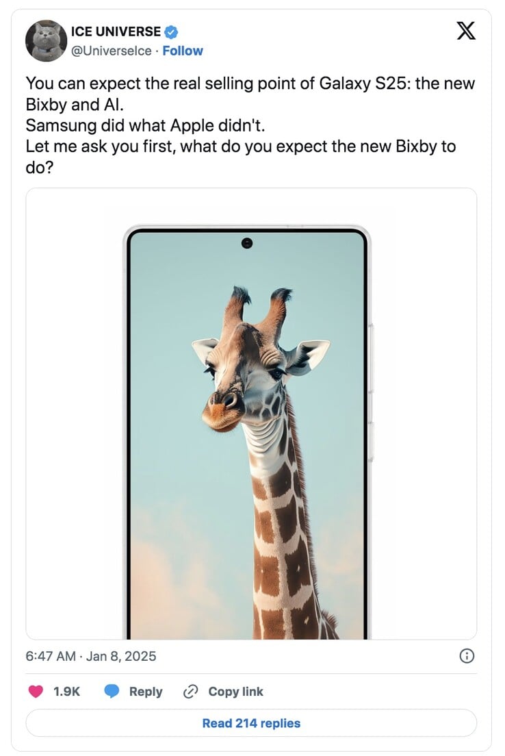 O proeminente informante Ice Universe faz afirmações focadas em IA para a série Galaxy S25. (Fonte da imagem: Ice Universe)