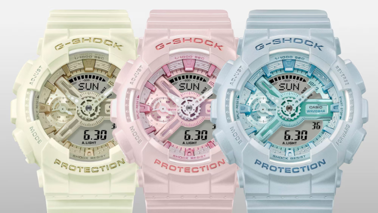 Da esquerda para a direita: Os novos relógios Casio G-Shock GMAS110ST-7A, GMAS110ST-4A e GMAS110ST-2A. (Fonte da imagem: Casio)