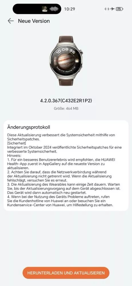 As notas de lançamento da versão 4.2.0.367 do software para o Huawei Watch 4 Pro. (Fonte da imagem: Huaweiblog.de via Google Translate)