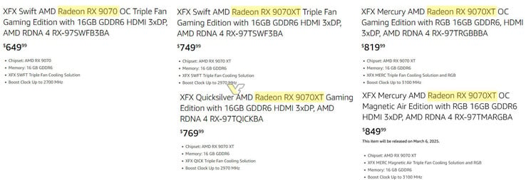 Preços de espaço reservado para as placas XFX RX 9070 e RX 9070 XT. (Fonte da imagem: VideoCardz)