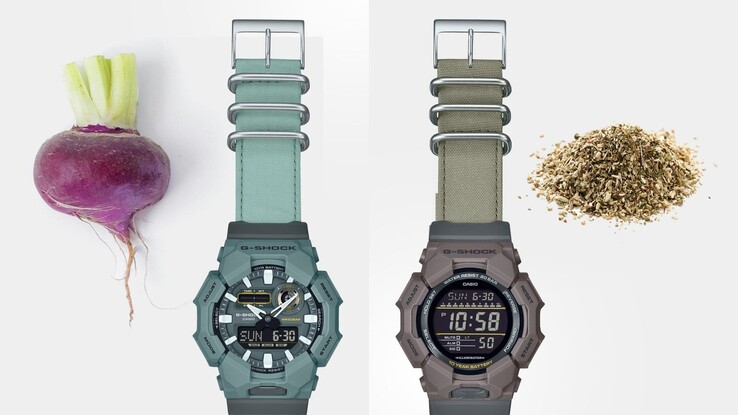 O Casio GD-010CE apresenta tons de cores derivados da equinácea, enquanto o GA-010CE usa matizes provenientes de nabos vermelhos. (Fonte da imagem: Casio)