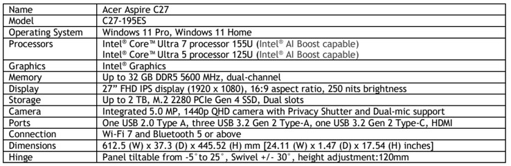Especificações do Acer Aspire C27 Intel Meteor Lake (Fonte da imagem: Acer)