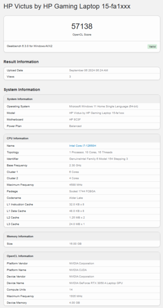 Nvidia GeForce RTX 3050 A Pontuação OpenCL do Geekbench (fonte da imagem: Geekbench)