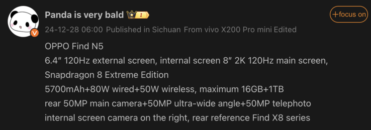 Detalhes vazados do Oppo Find N5. (Fonte da imagem: Weibo - tradução automática)