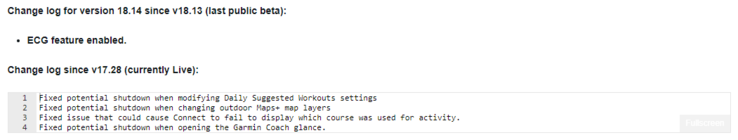 O registro de alterações da versão 18.14 do Garmin Beta. (Fonte da imagem: Garmin)