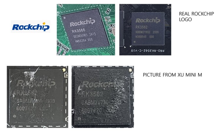 Uma comparação lado a lado do logotipo legítimo da Rockchip, ao lado de uma imagem do computador de mão MagicX XU Mini M. (Fonte da imagem: RetroHandhelds on X/Twitter)