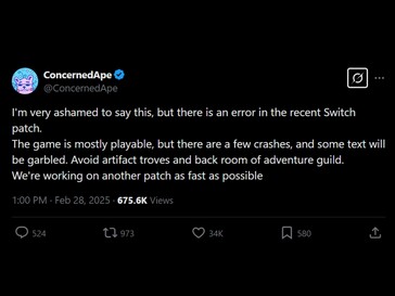 Stardew Valley Switch crashing X post (Fonte da imagem: Screenshot, ConcernedApe X account)