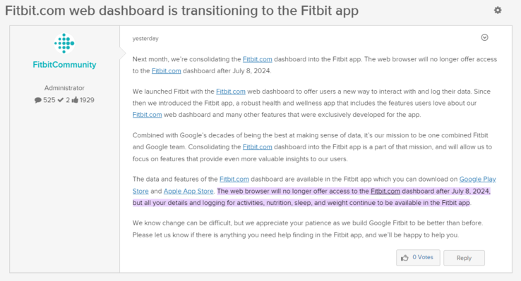 A publicação no fórum anunciando a retirada do painel da Web do Fitbit.com.