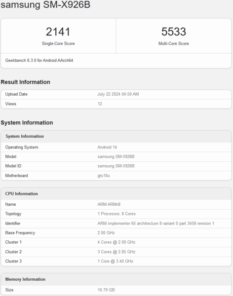 Samsung Galaxy Tab S10 Ultra Geekbench listing (fonte da imagem: Geekbench)