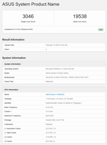 Ryzen 9 7900X3D Geekbench (fonte da imagem: Geekbench)