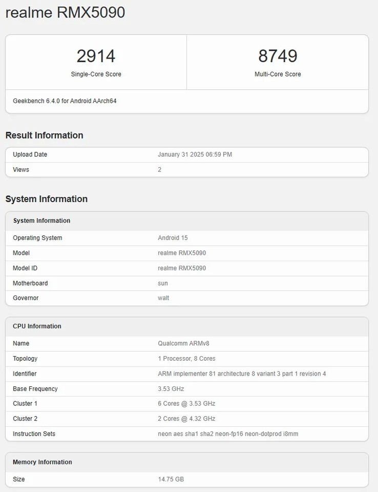 O "Realme GT 7" chega ao Geekbench com especificações de ponta. (Fonte: Realme)