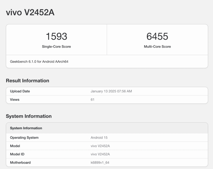 Listagem do Geekbench do possível iQoo Z10 Turbo. (Fonte da imagem: Geekbench)