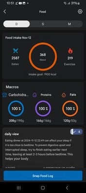 Uma captura de tela mostrando a visão geral do registro de alimentos e a dica de horário das refeições no aplicativo Zepp. (Fonte da imagem: Facebook)