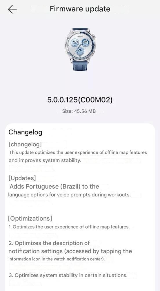 O registro de alterações da versão de atualização 5.0.0.125 para o smartwatch Huawei Watch GT 5. (Fonte da imagem: Huaweiblog.de via Google Translate)