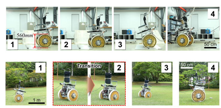 Um sistema de cadeira de rodas de duas rodas superando um obstáculo quadrado e uma pedra. (Fonte da imagem: KIMM)