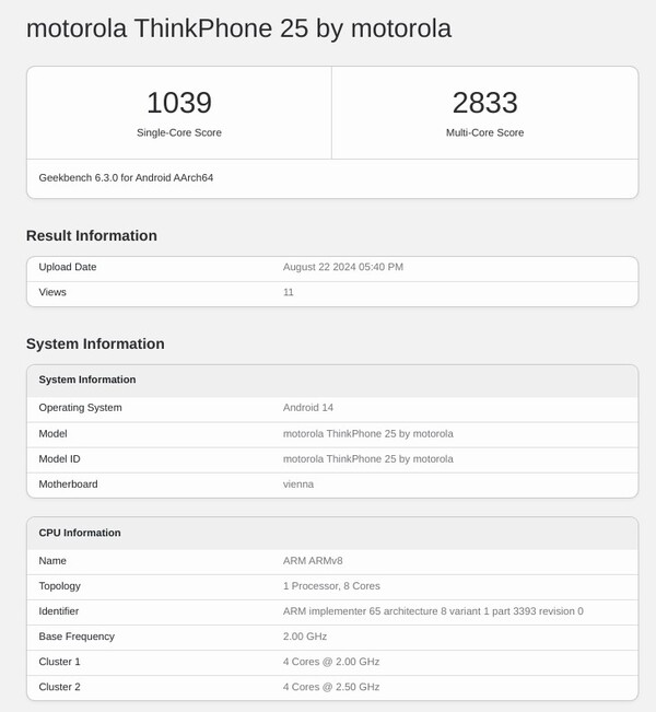 O novo ThinkPhone tem 8 GB de RAM, mas provavelmente haverá outras configurações. (Fonte da imagem: Geekbench)