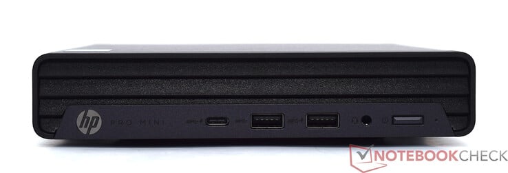 Frontal: USB Type-C 20 Gbit/s, 2x USB Type-A 10 Gbit/s, áudio de 3,5 mm
