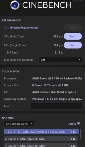 Pontuação do AMD Ryzen AI 7 350 Cinebench 2024 (fonte da imagem: Weibo)