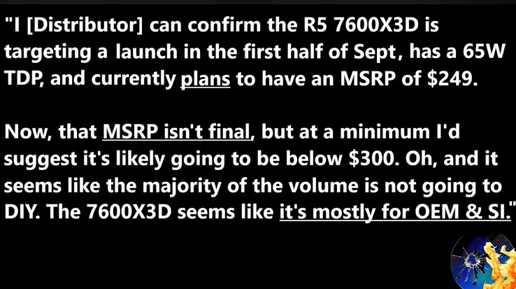 Vazamento do Ryzen 5 7600X3D. (Fonte da imagem: Moore's Law Is Dead)