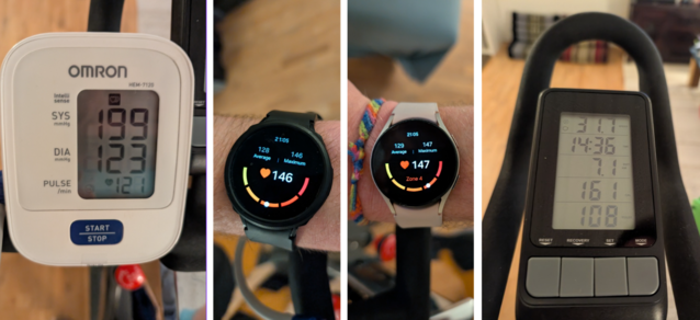 Comparação de exercícios - Esquerda: Omron. Meio à esquerda: Galaxy Watch 4. Meio à direita: Galaxy Relógio 5. À direita: Bicicleta (Fonte da imagem: David Devey / Notebookcheck)