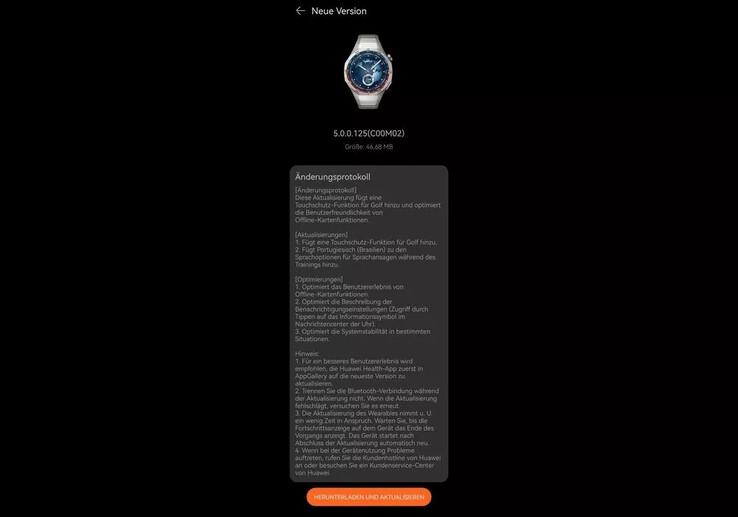 O registro de alterações da versão 5.0.0.125 do firmware para o Huawei Watch GT 5 Pro. (Fonte da imagem: Huaweiblog.de)