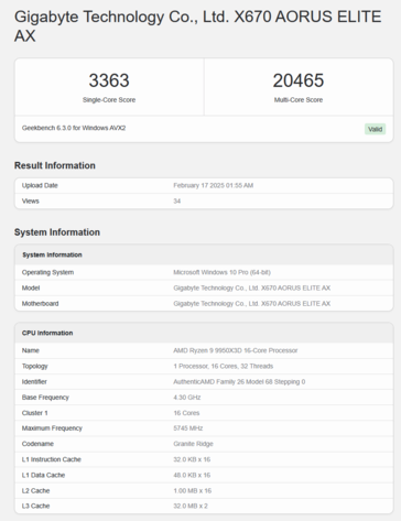 Ryzen 9 9950X3D Geekbench (fonte da imagem: Geekbench)