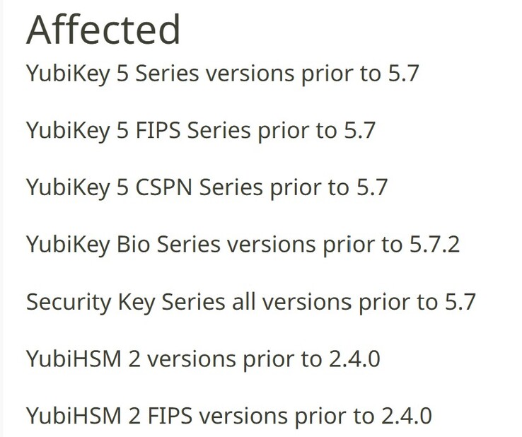 Os dispositivos listados são vulneráveis à exploração de segurança, e os usuários devem considerar substituí-los. (Fonte da imagem: Yubico)