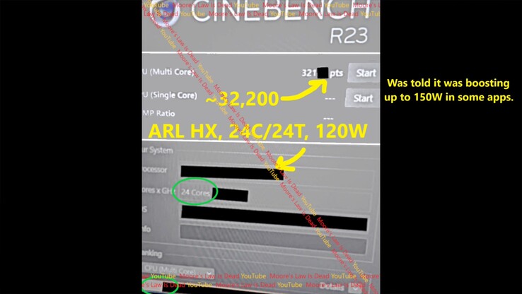 Desempenho do Arrow Lake HX Cinebench R23. (Fonte da imagem: Moore's Law Is Dead no YouTube)